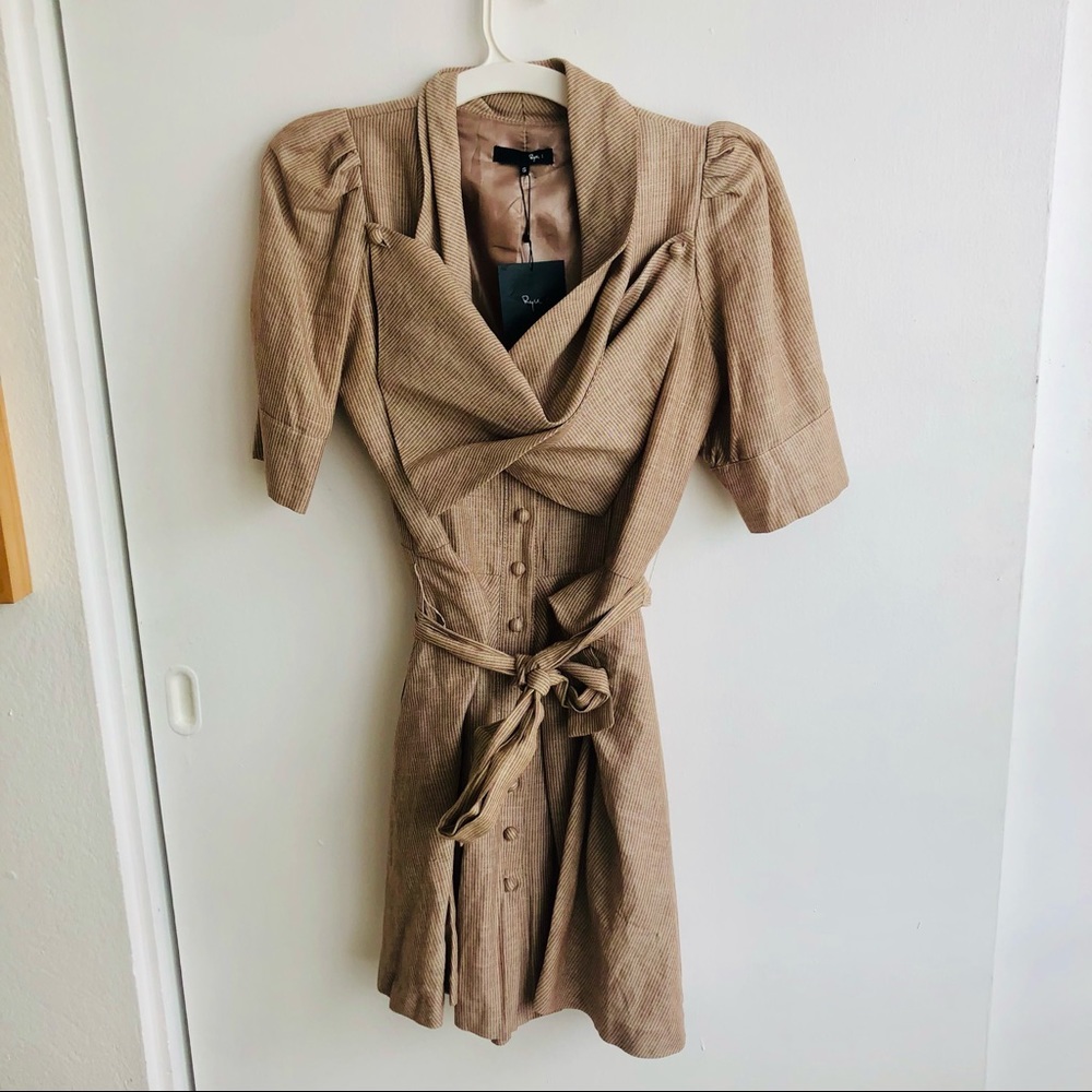 ModCloth Ryu Tan Striped Puff Sleeve Button Dress